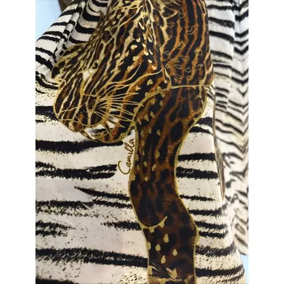 Camilla Womens BLACK WHITE Tiger Silk Romper Multi color sz Med pockets crystals - Picture 10 of 15